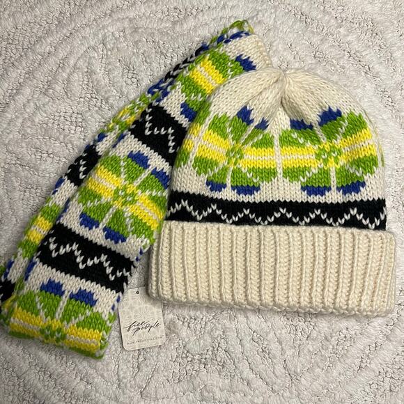 Free People Northern Lights Beanie + Scarf Hat Ivory Green Blue Yellow Black main image 11
